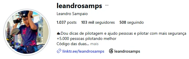 Perfil de Leandro Sampaio no Instagram com mais de 100 mil seguidores